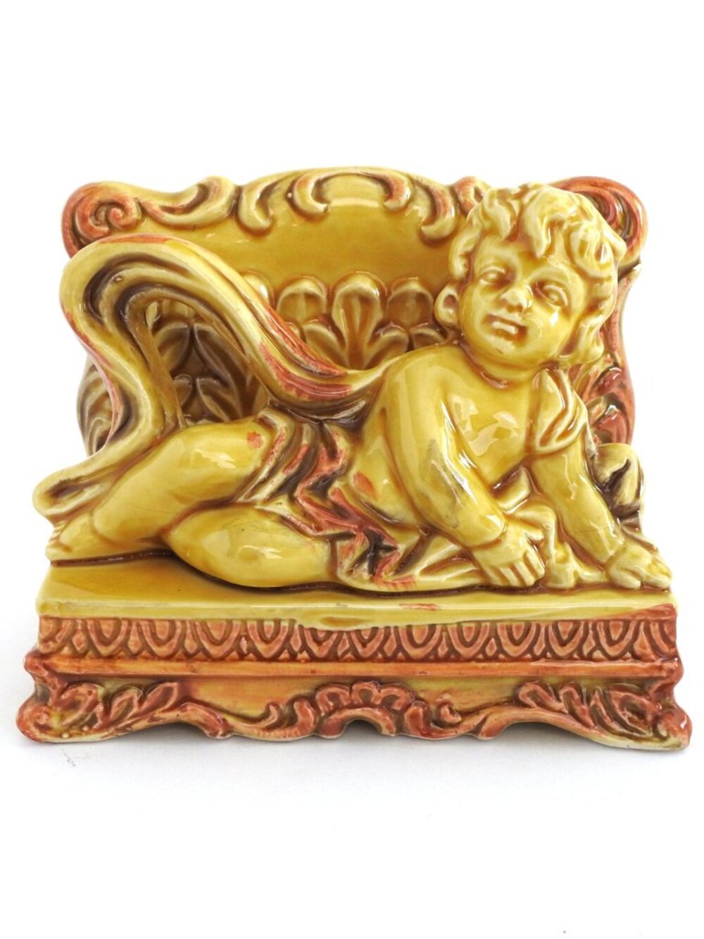 Vintage Enesco Cherub Napkin Holder Letter Sorter Yellow Hollywood Regency